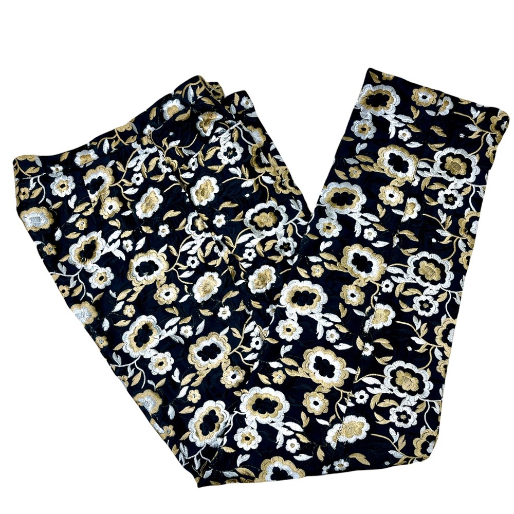 Principe 100% Silk Black Pants with Gold and White Floral Embroidery - Size 8